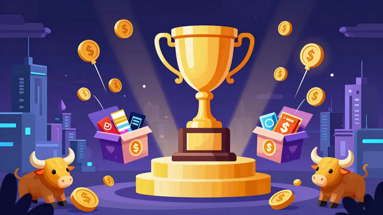 Metaverse trophy and NFT lootboxes with rising bull tokens