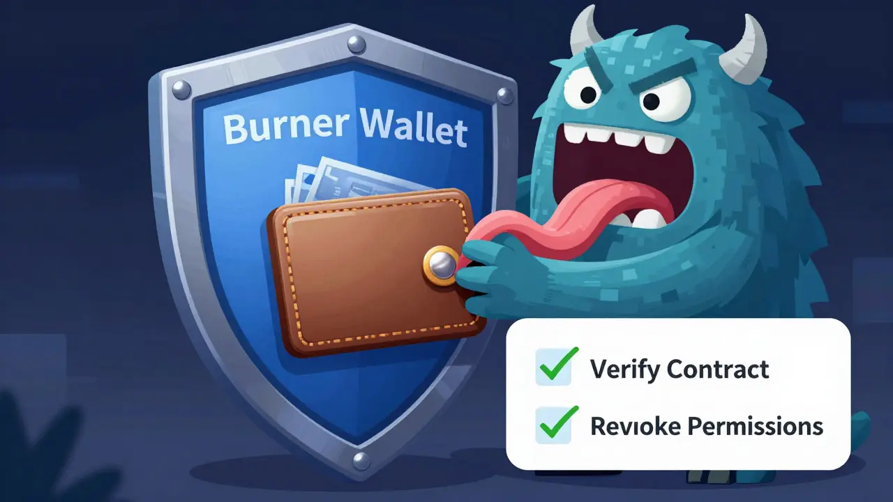 Shield protecting digital wallet from phishing monster while safety checklist floats nearby
