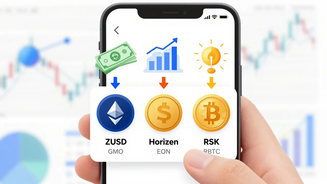 Smartphone showing three ZUSD tokens with their different backing assets