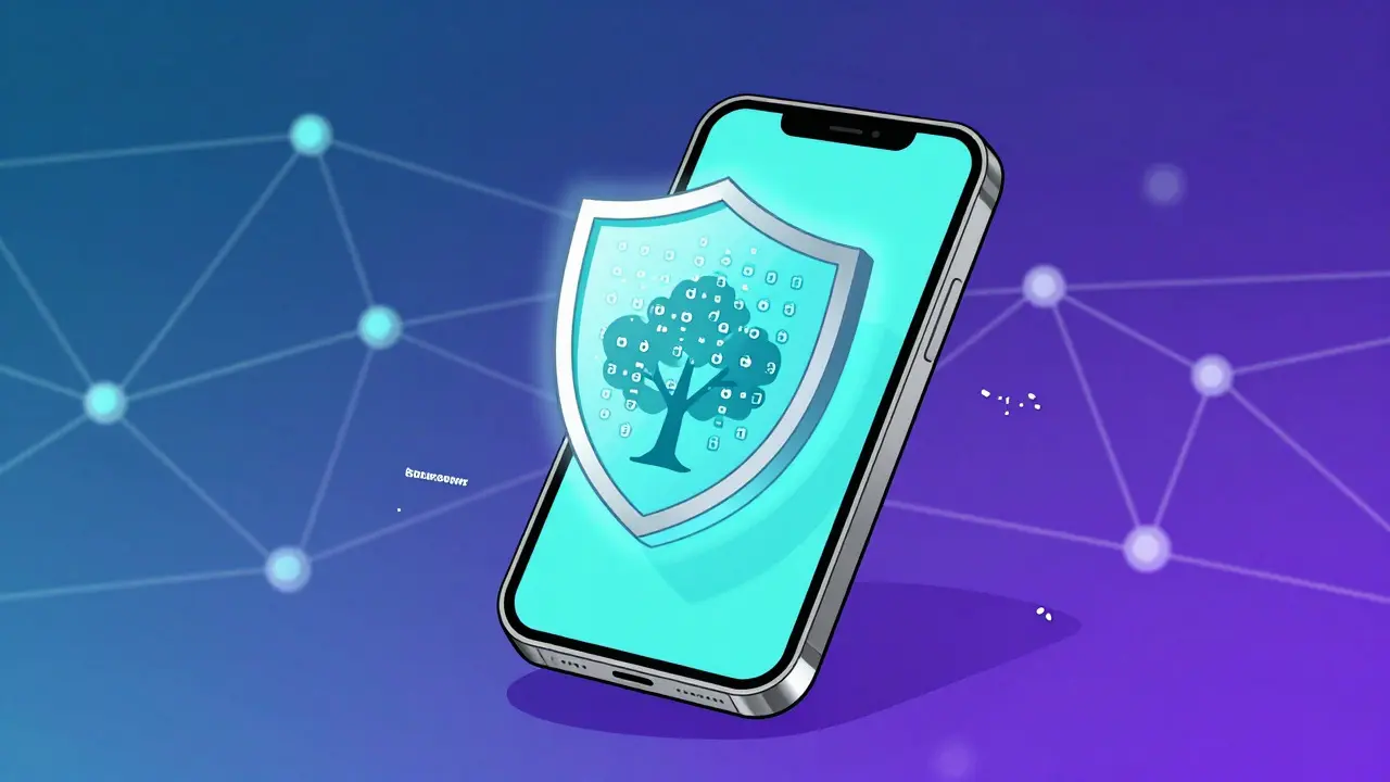 Smartphone with security shield and mini Merkle tree against blockchain network background