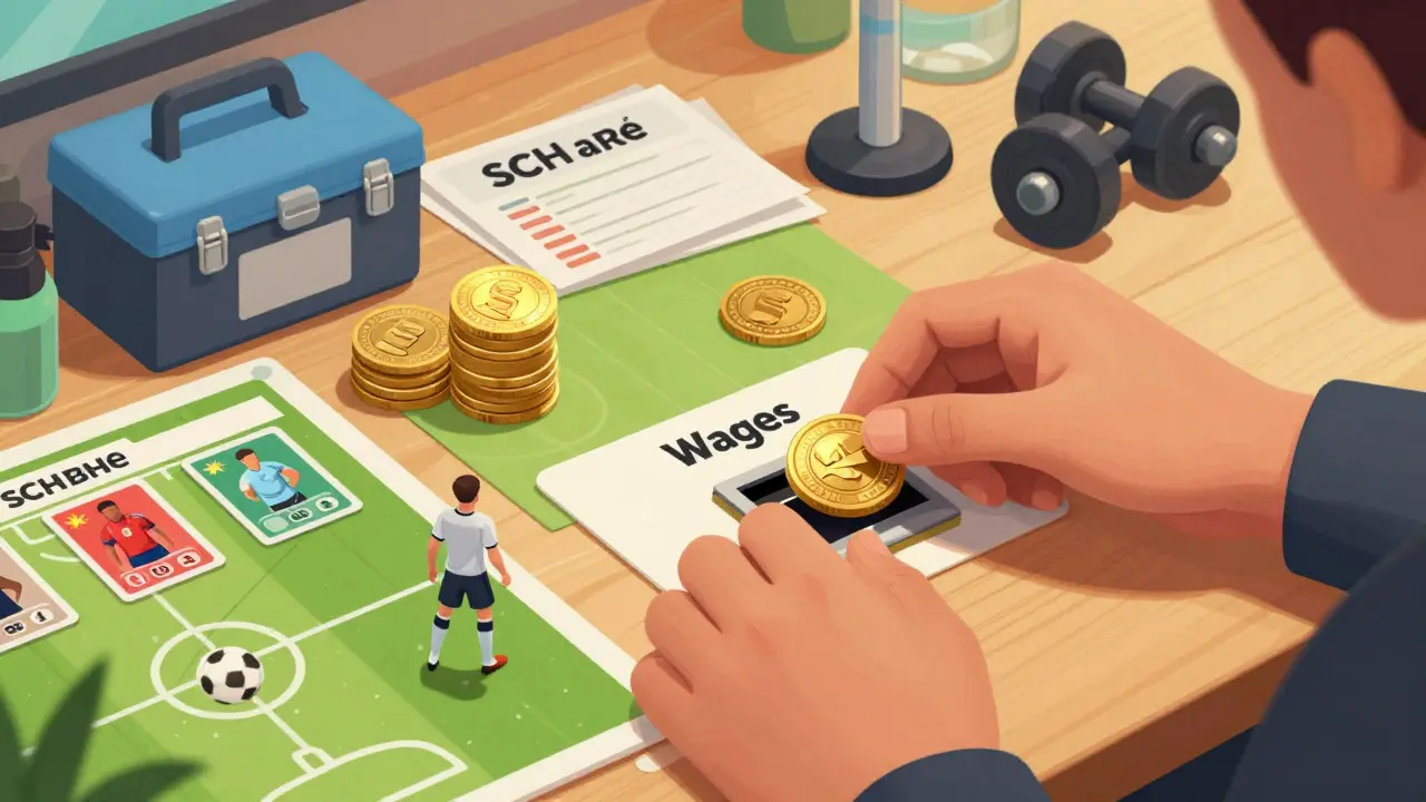 Soccer manager paying wages and upgrades with golden tokens
