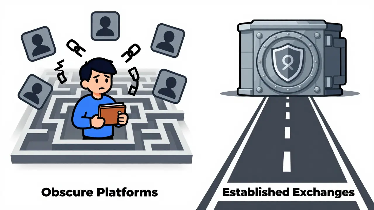 Split illustration comparing risky obscure exchanges to secure regulated ones