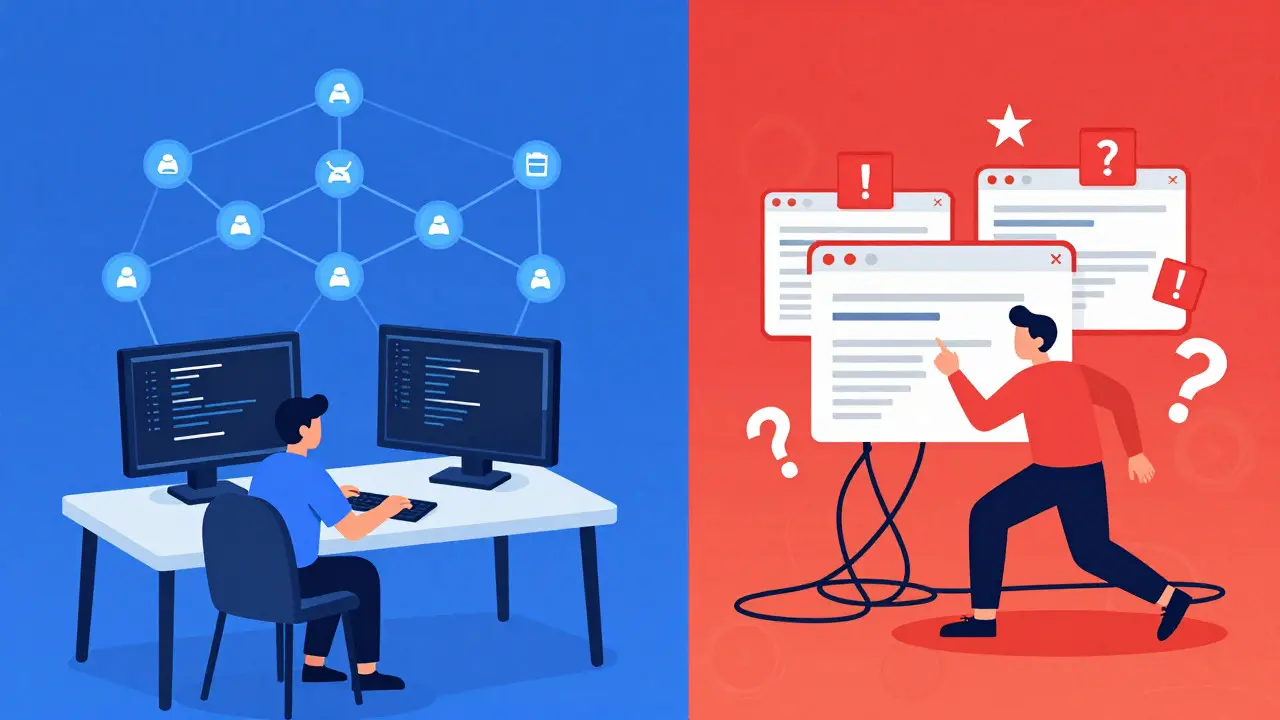 Split illustration contrasting calm developer using real API tools versus frantic victim of scams