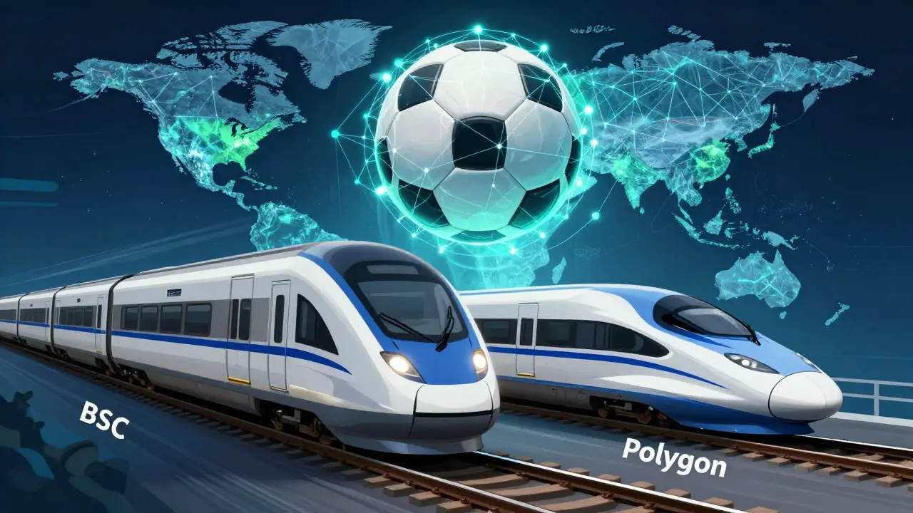 Split illustration of BSC and Polygon blockchains supporting soccer