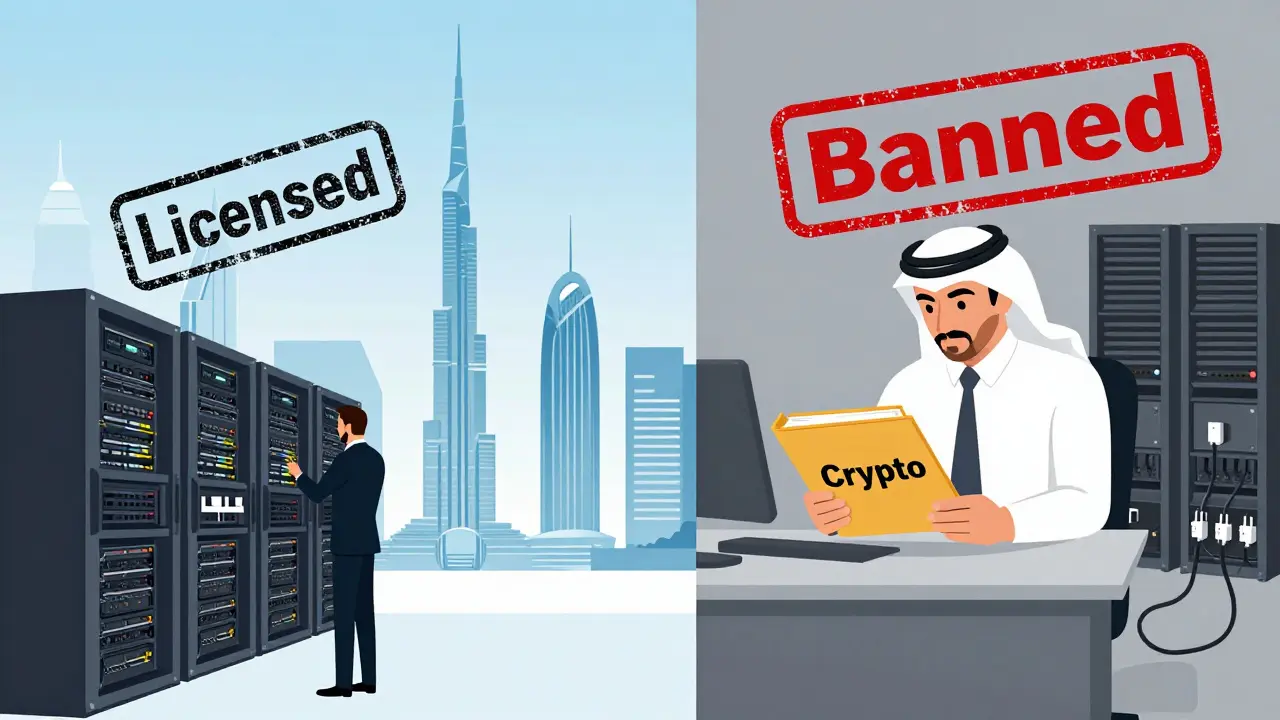 Split illustration showing licensed crypto in UAE vs banned in Qatar