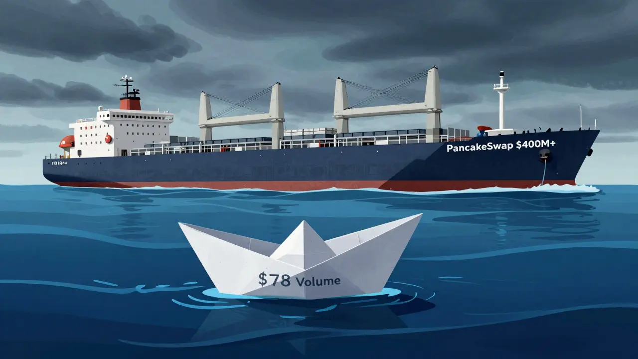 Tiny boat vs giant ships illustrating low DEX trading volume