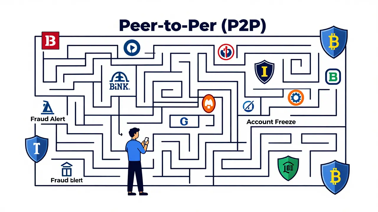 Trader navigating complex P2P crypto trading maze safely