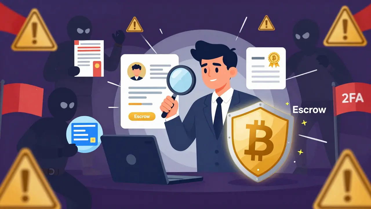 Trader using magnifying glass to avoid scams and use escrow