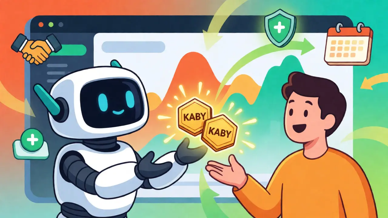 A mascot handing glowing tokens to a user near a colorful reward dashboard.