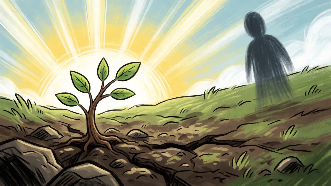A young plant growing from rocky ground under bright sunlight, symbolizing growth potential.