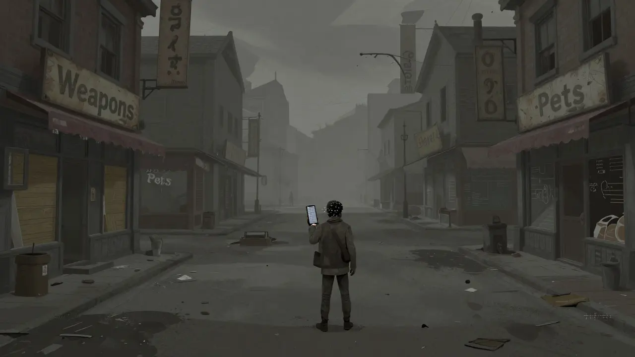 Abandoned virtual town square with empty shops and dust