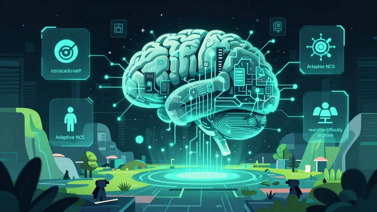 AI brain generating dynamic game worlds conceptually
