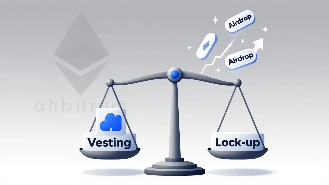 Balance scale showing unlocked airdrop tokens vs vesting