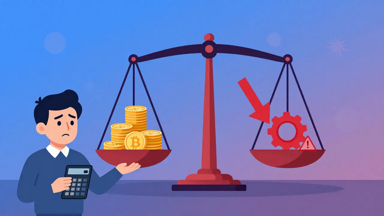 Balance scale weighing crypto tokens against risk factors like volatility and fees