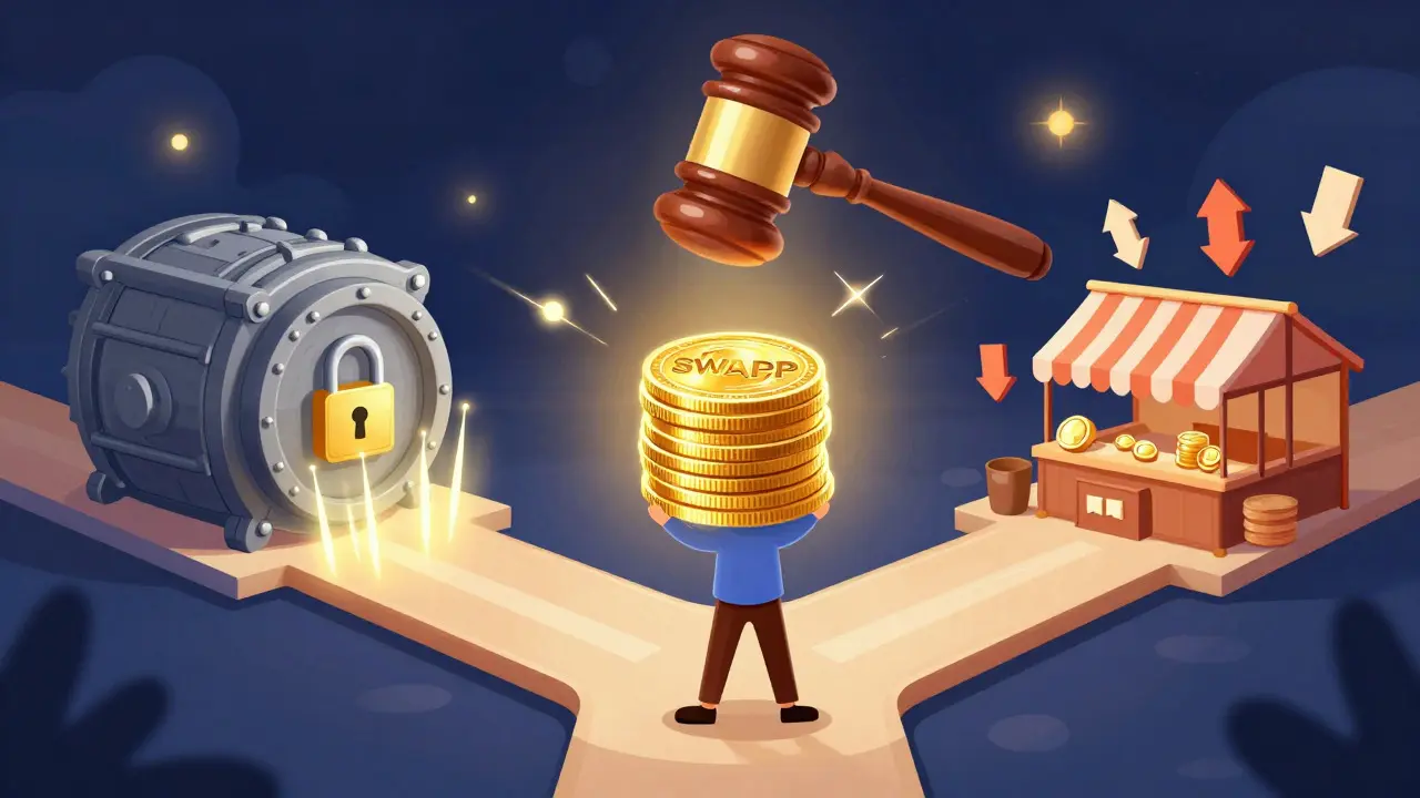 Cartoon art of a person choosing between staking vaults and trading markets with governance symbols