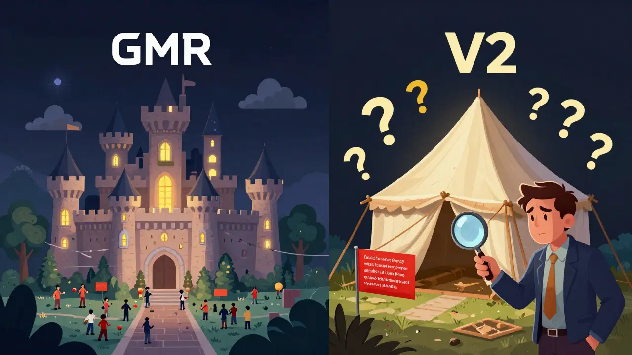 Cartoon comparing risky GMR project to stable competitor crypto tokens