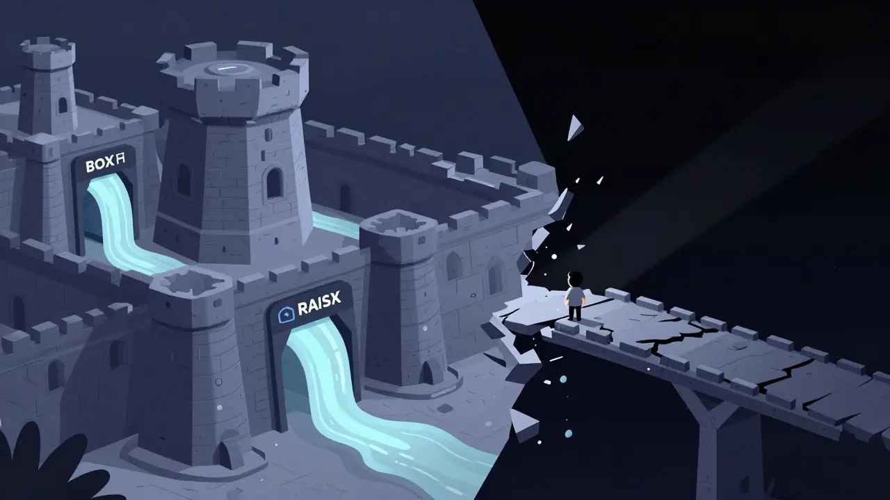 Cartoon comparison of a secure fortress versus a crumbling bridge