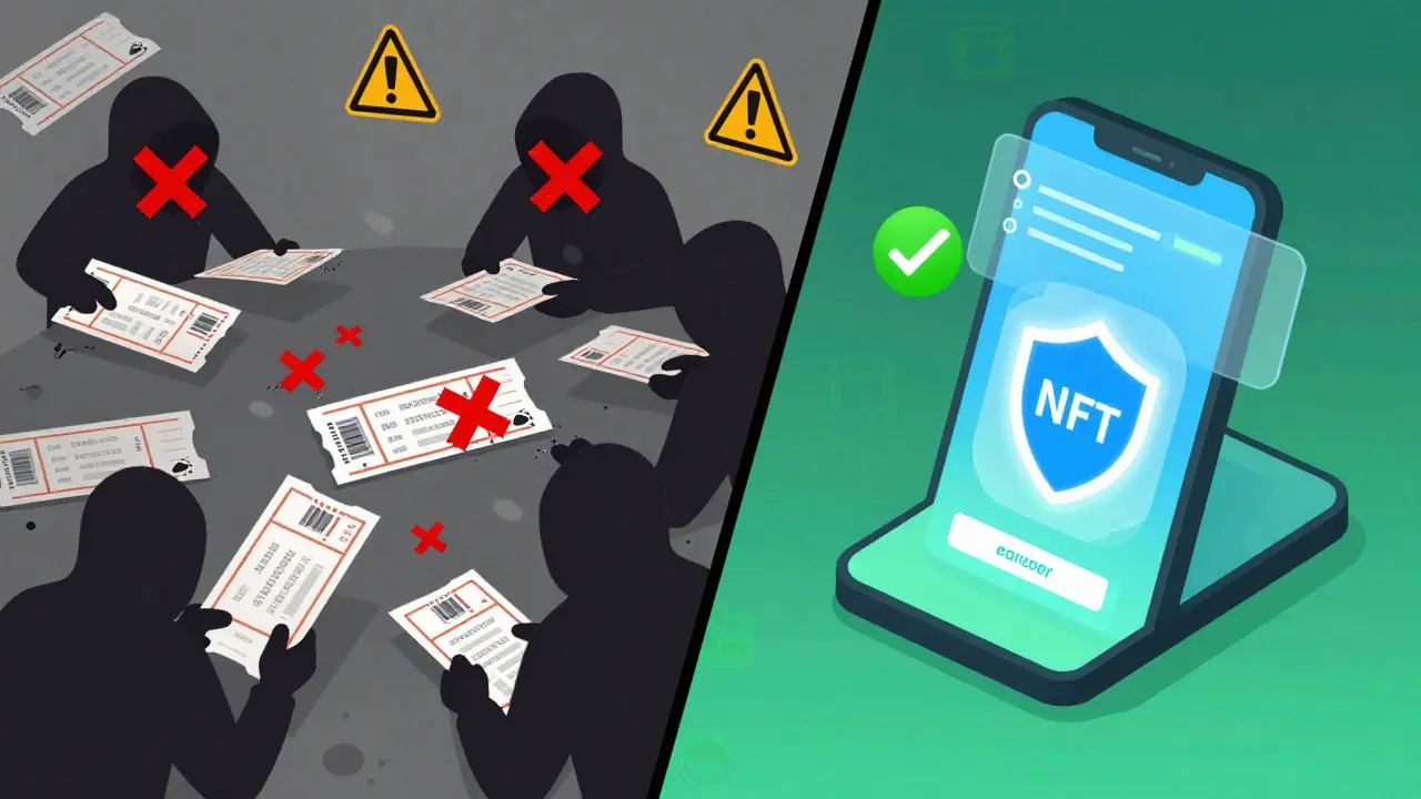 Cartoon comparison of fraudulent paper tickets versus secure, verified NFT digital tickets.