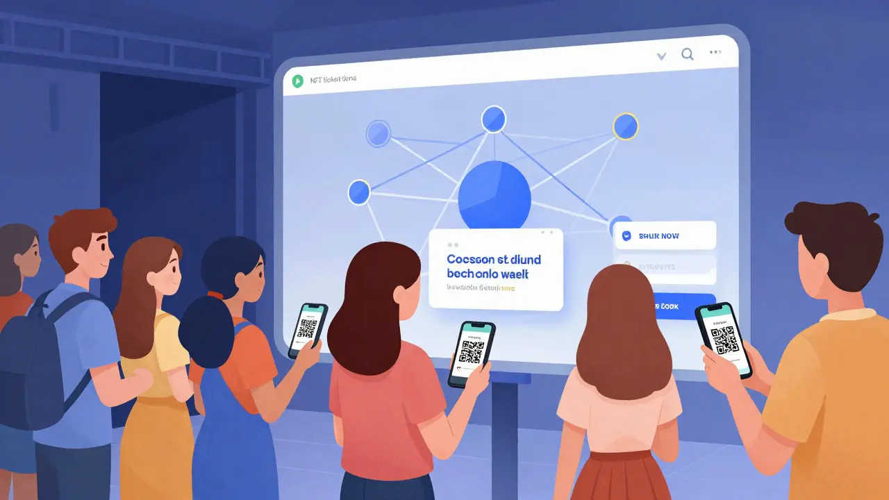Cartoon depiction of fans using seamless hybrid NFT ticketing systems at a concert venue entrance.