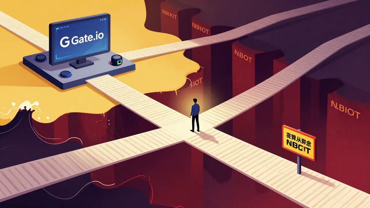 Cartoon depiction of investment risks, showing low liquidity and volatility surrounding the NBOT token.