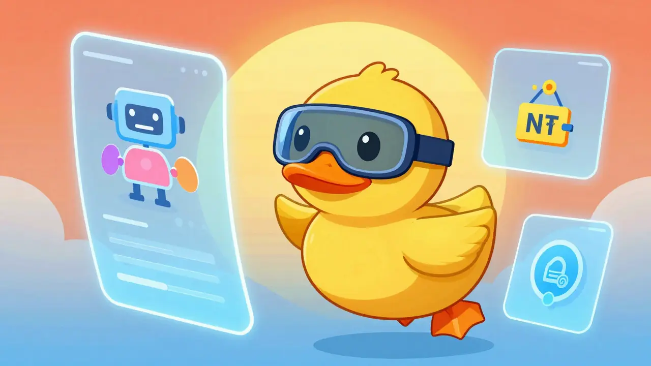 Cartoon duck with a futuristic headset interacting with holographic tech interfaces