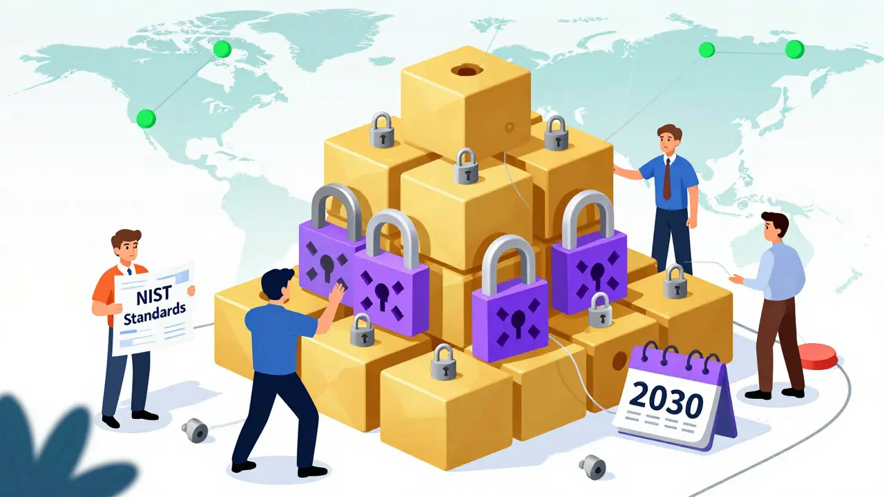 Cartoon of engineers upgrading blockchain locks to post-quantum standards