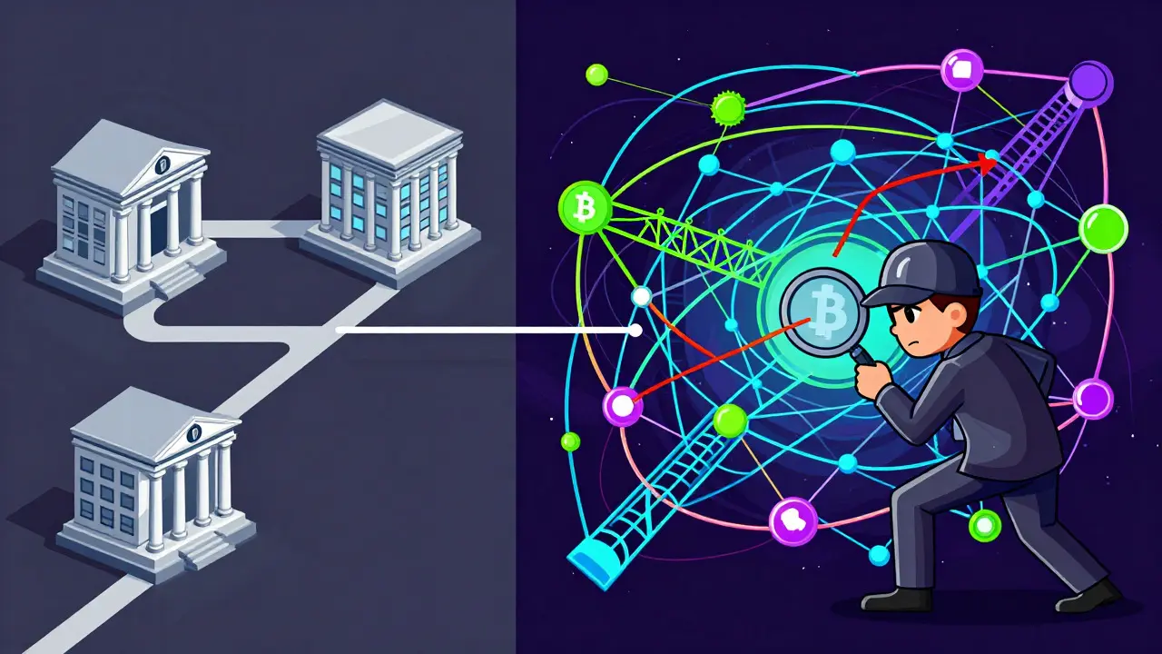Cartoon showing a detective tracing complex blockchain paths versus simple bank wires