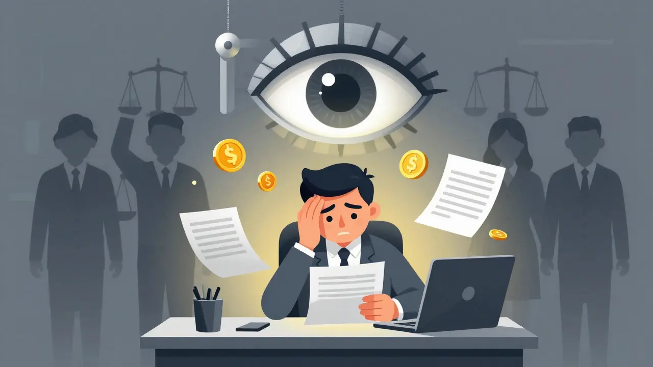 Cartoon showing a person managing crypto taxes under government surveillance