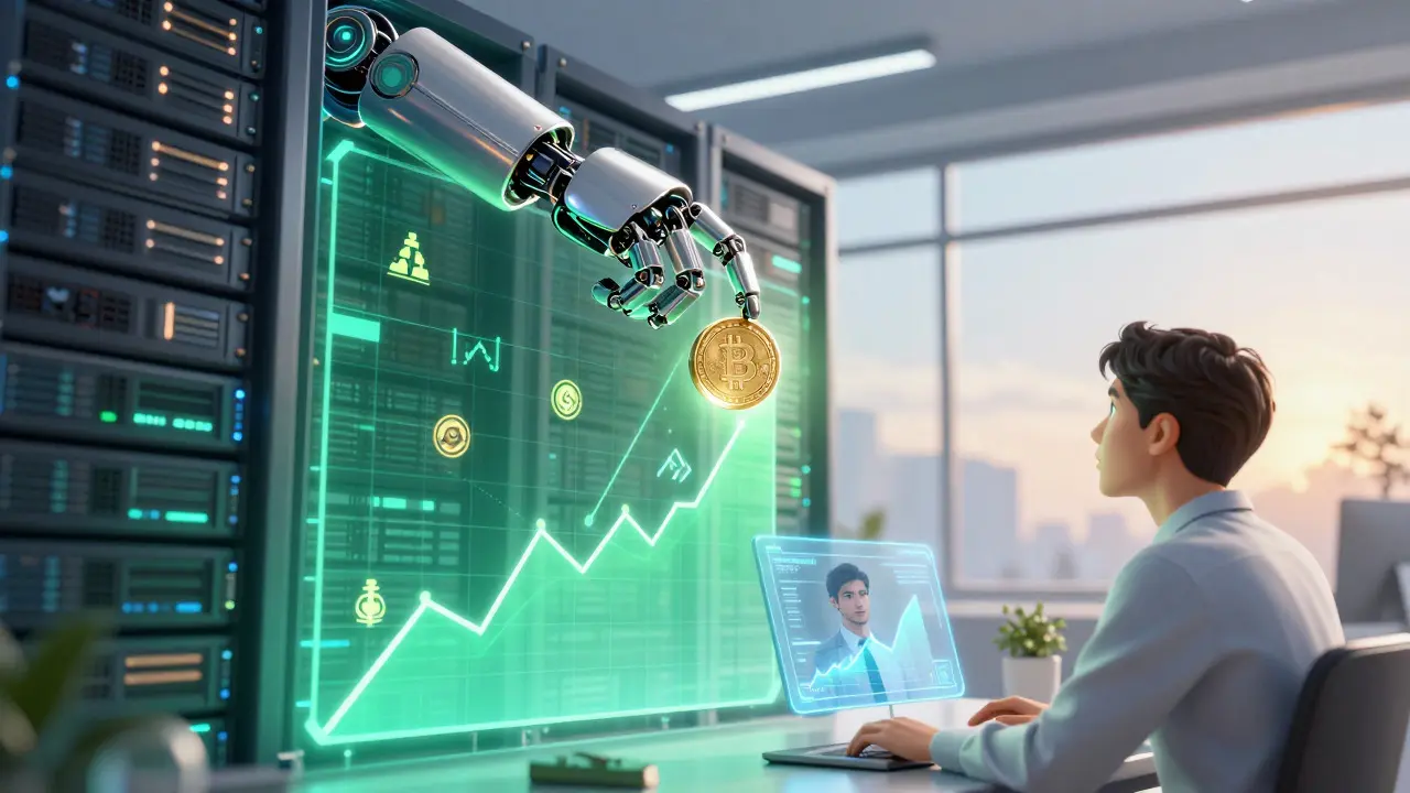 Cartoon showing a robot integrating crypto assets into a traditional financial portfolio