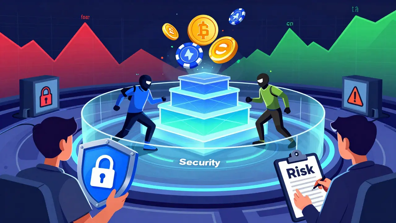 Cartoon showing blockchain gaming battles and security risks