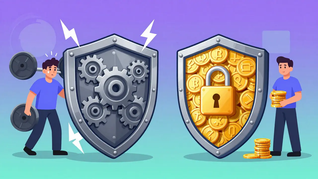 Cartoon showing metal gear shields versus coin-based digital security barriers