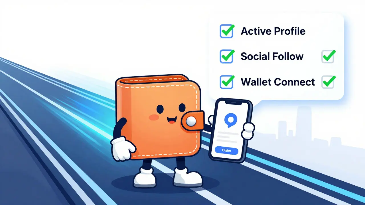 Cartoon wallet connecting to Solana blockchain to claim crypto airdrop.