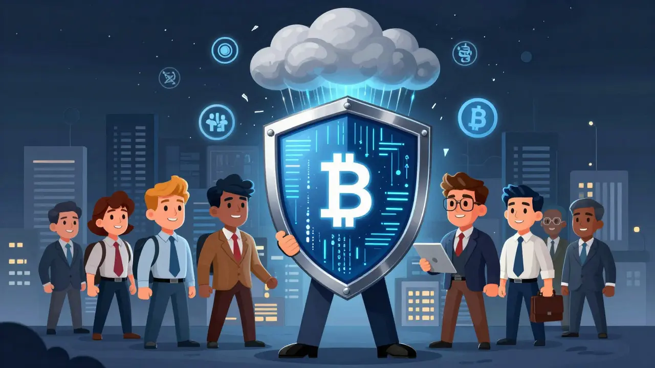 Compliance officer using a data shield to protect crypto firms from a regulatory storm