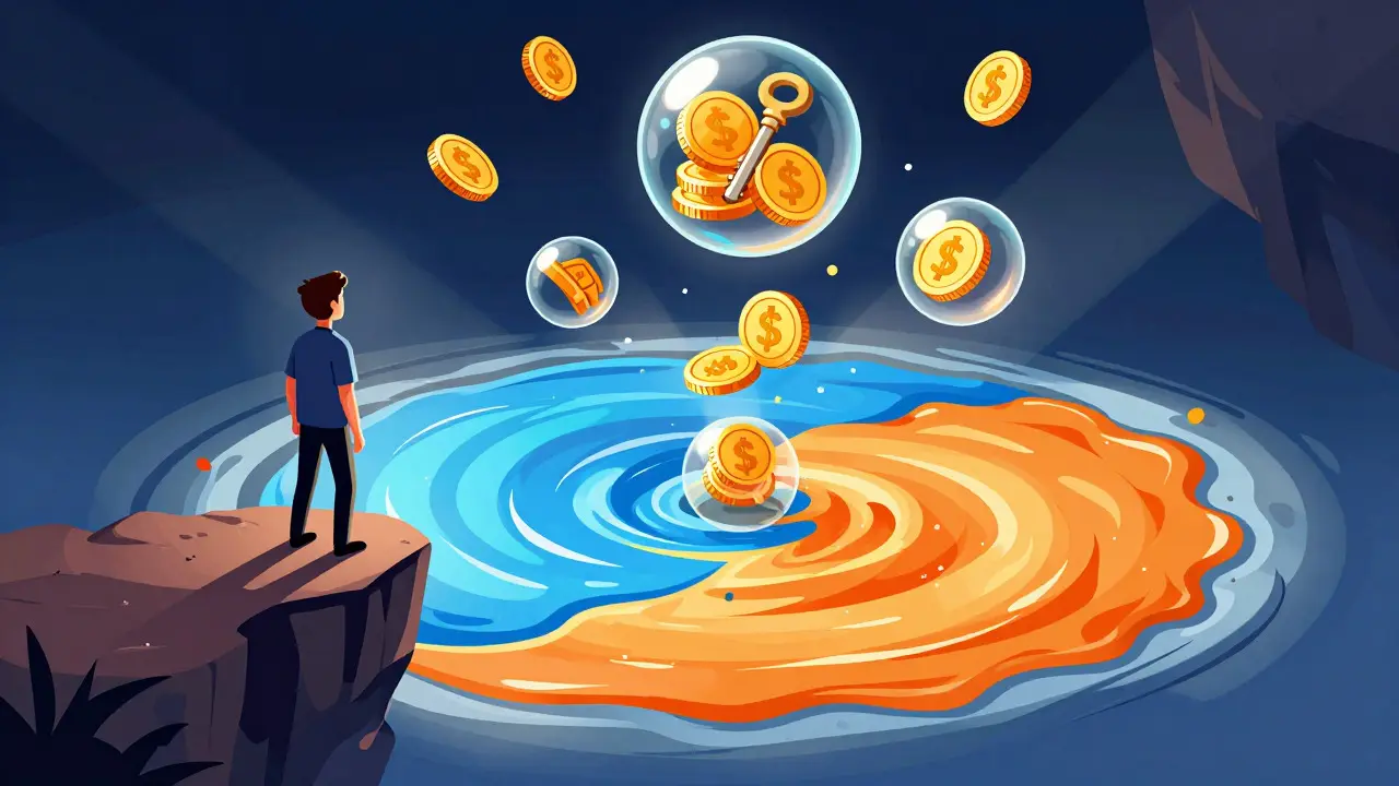 Conceptual art of a person overlooking a mixing liquid pool with floating rewards