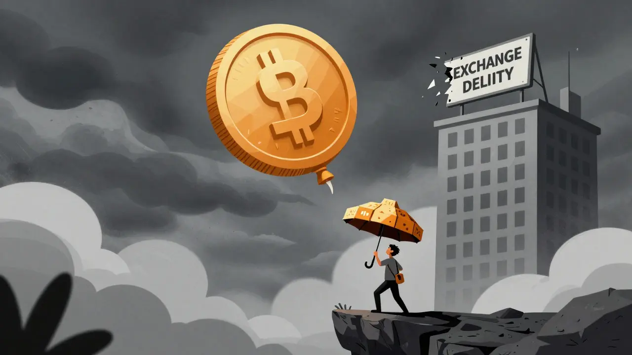 Deflating coin balloon and investor in storm clouds