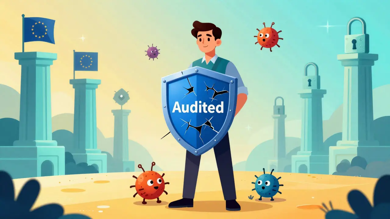 Developer holding cracked audit shield with bugs sneaking through