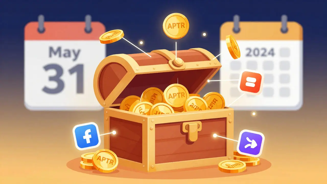 Digital chest full of APTR tokens with social icons
