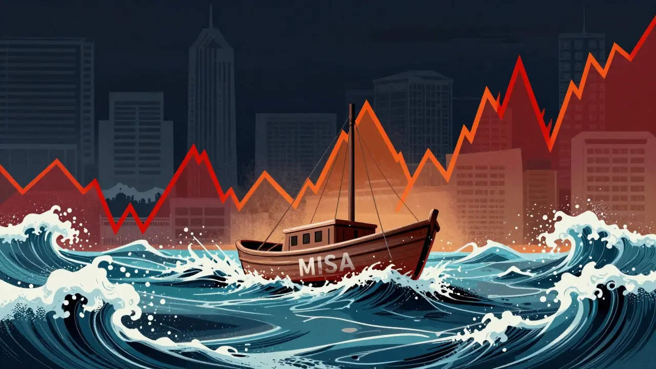 Editorial art showing a small boat on chaotic price chart waves, symbolizing market volatility.