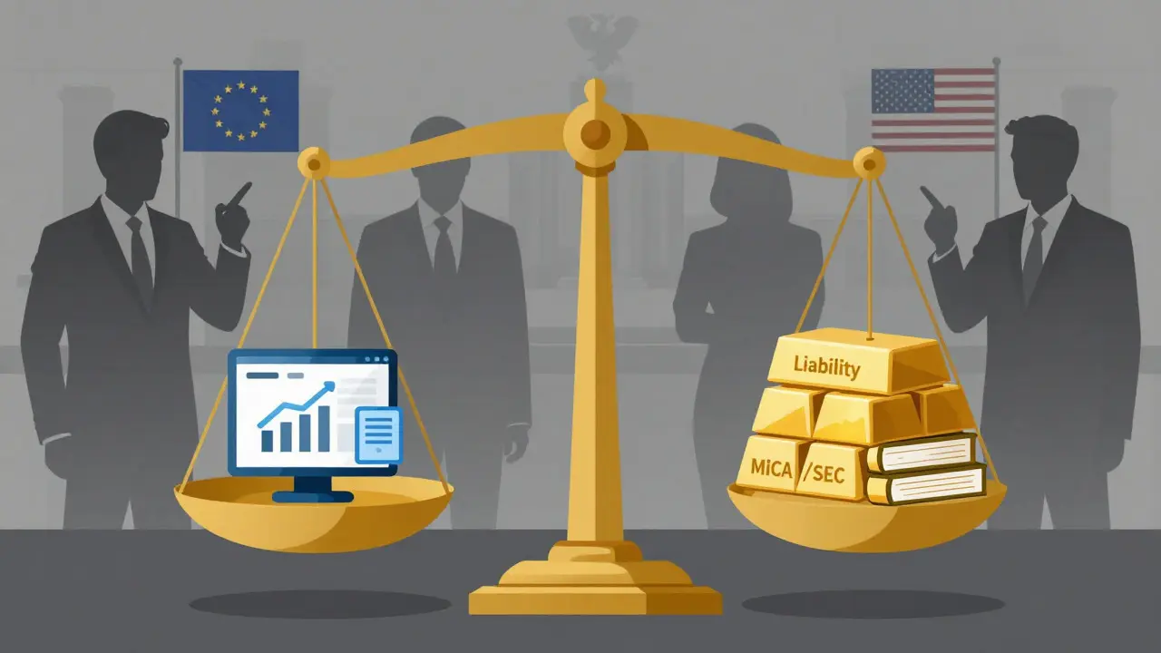 Editorial art showing heavy regulatory weights crushing a crypto platform under SEC and MiCA rules.