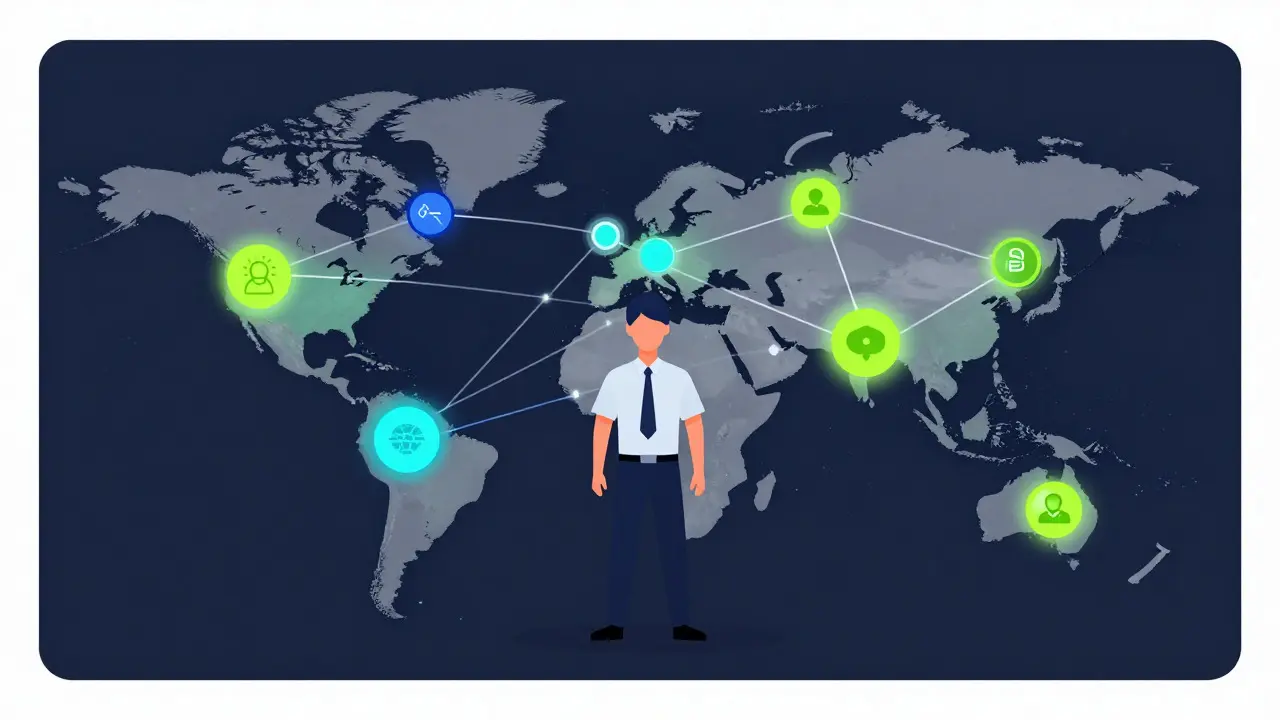 Editorial cartoon of a developer managing a global network of connected nodes