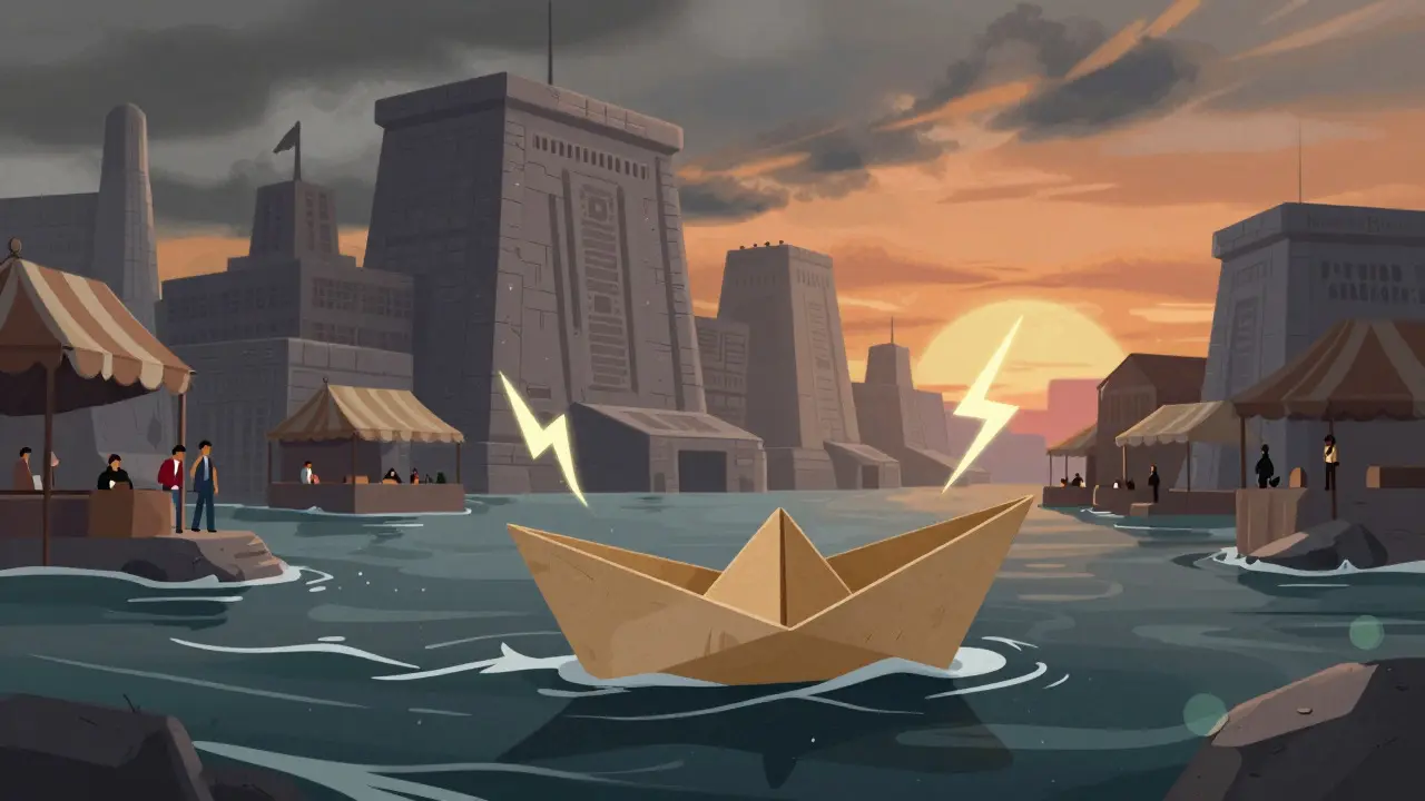 Editorial cartoon of a small boat on rough seas near large stone pillars