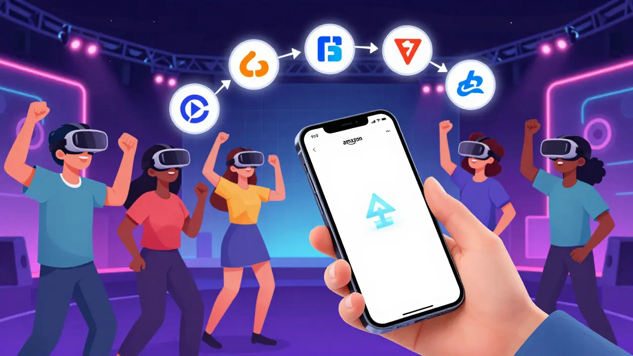 Fans in VR headsets at a metaverse concert, bridging physical and digital ticketing.