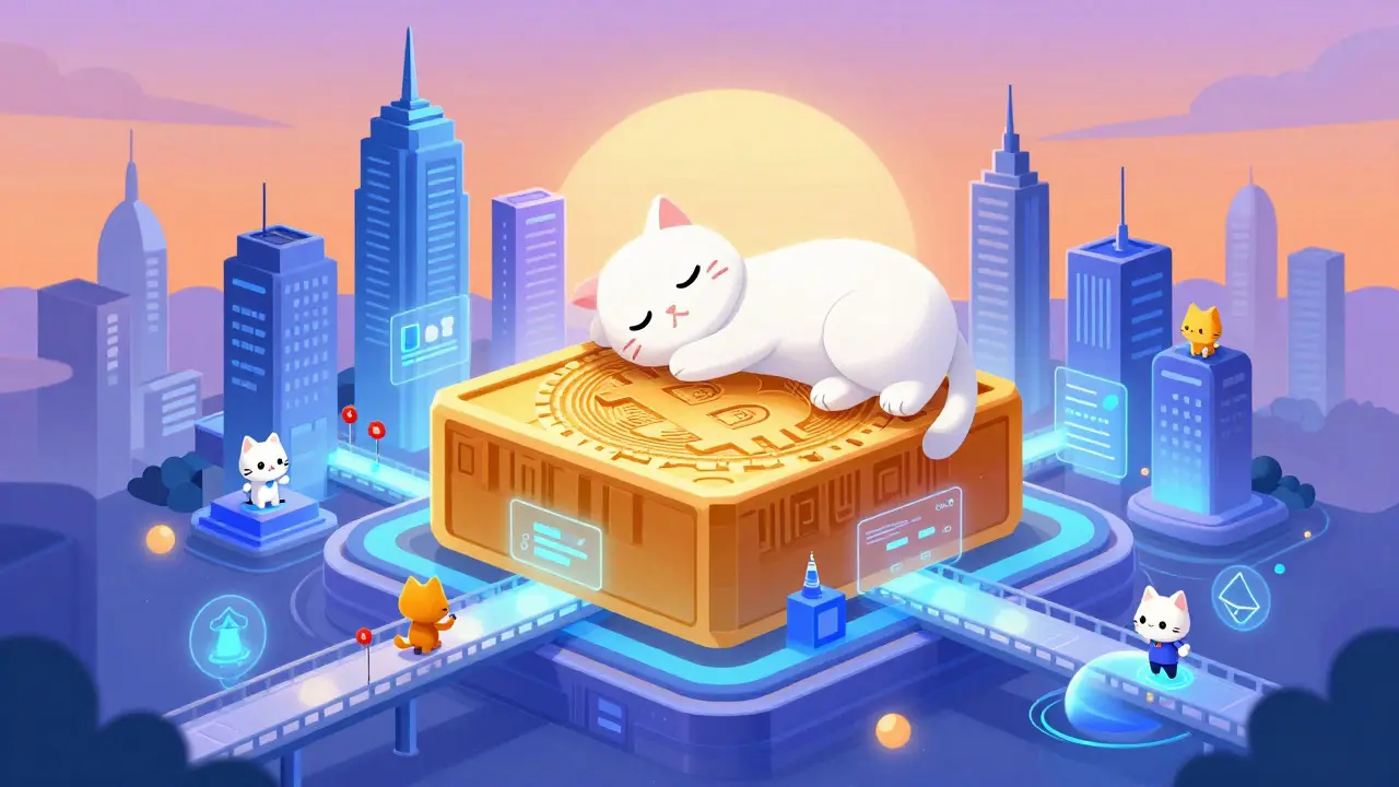 Futuristic DeFi city built on Bitcoin with cat avatars and cross-chain bridges.