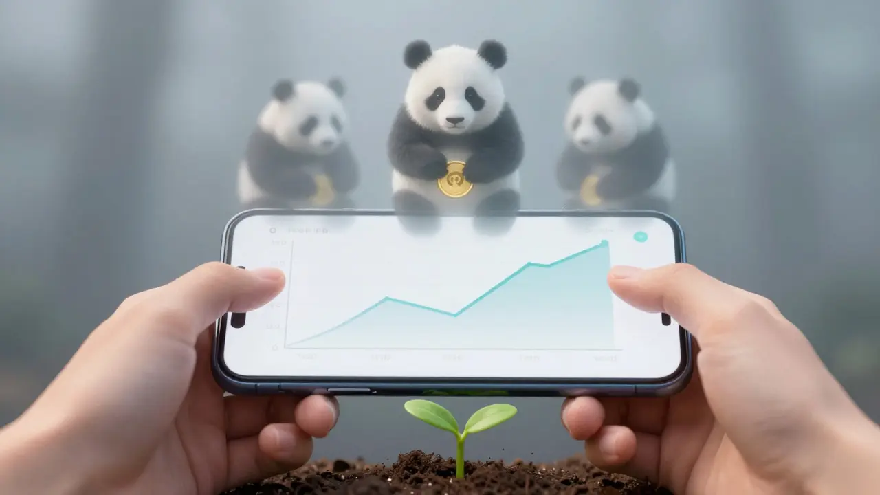 Hand holding a phone with a flat graph while faint pandas fade in the background