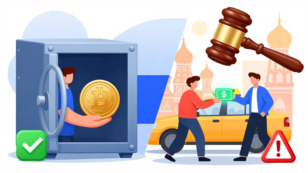 Illustration comparing legal crypto ownership with illegal domestic payments