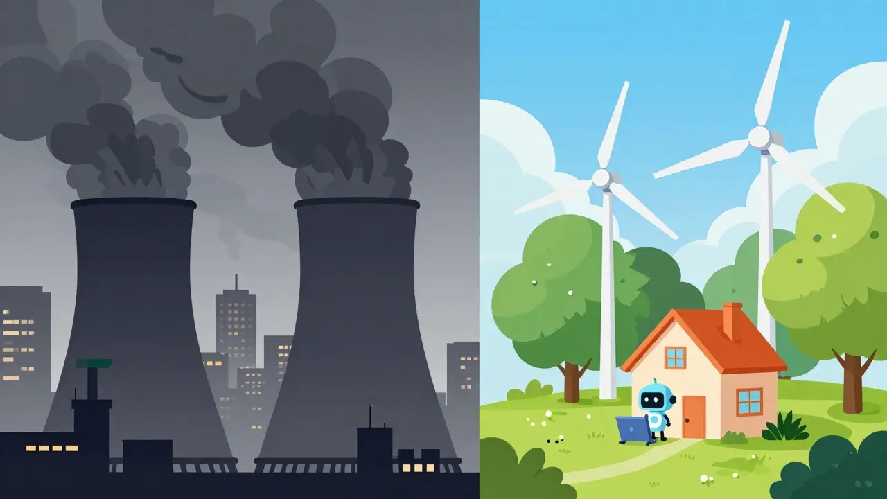 Illustration comparing smoggy power plants with green renewable energy sources