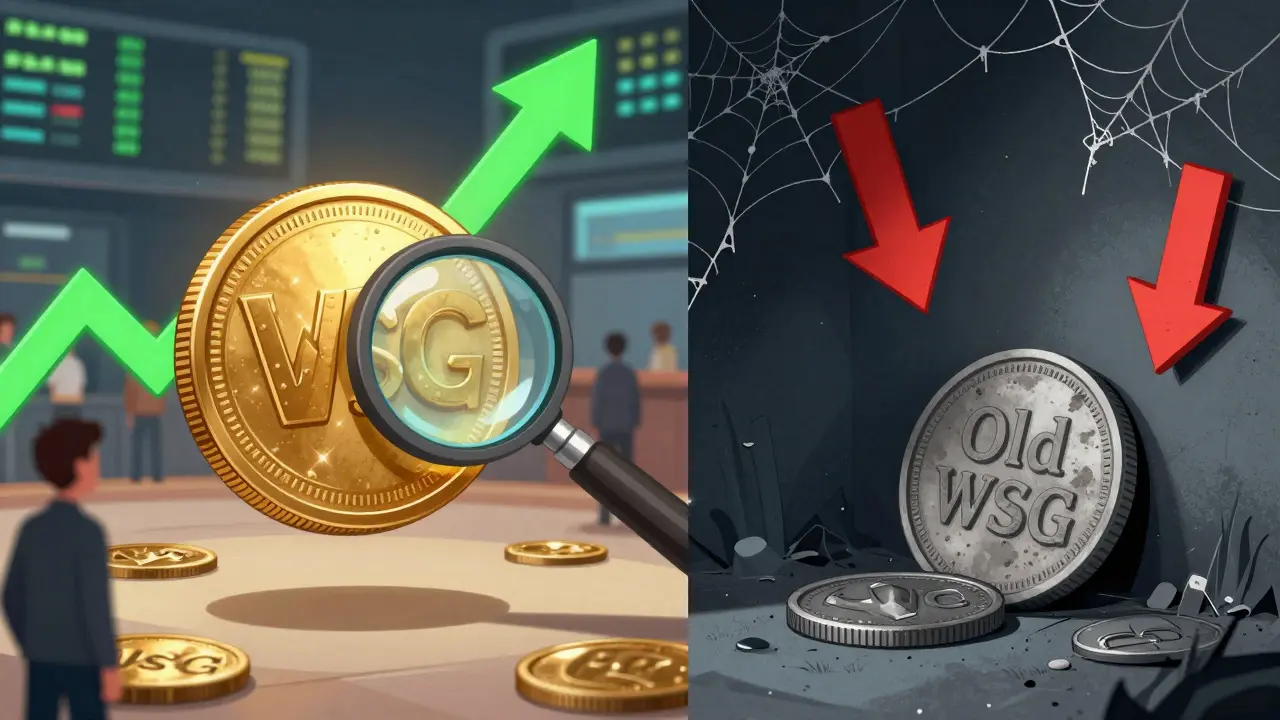 Illustration comparing valuable new WSG token vs old legacy token