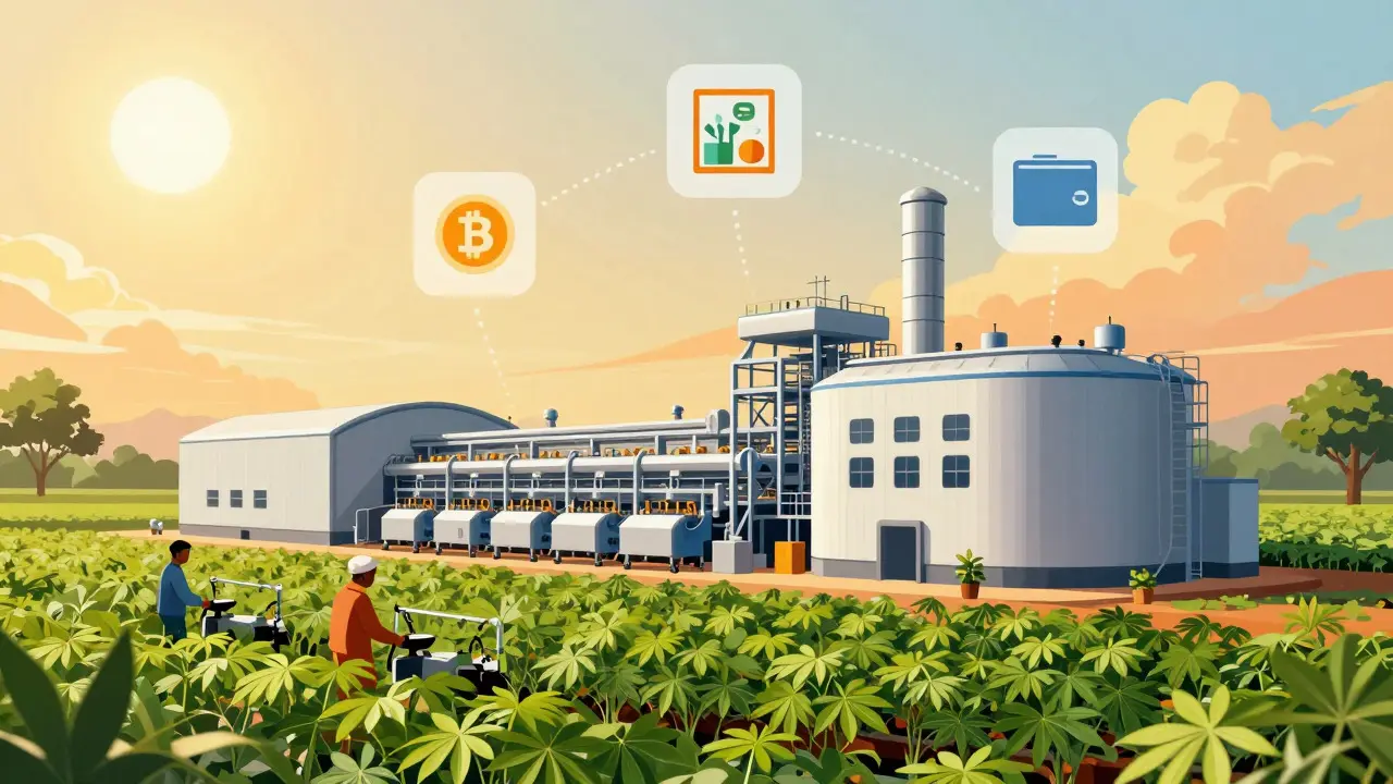 Illustration of a cassava processing factory surrounded by fields and floating crypto icons.