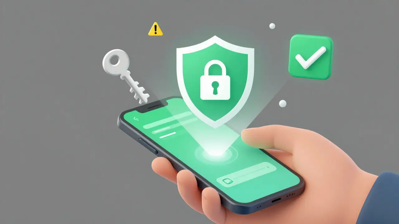 Illustration of a hand holding a phone projecting a security shield and verification icons