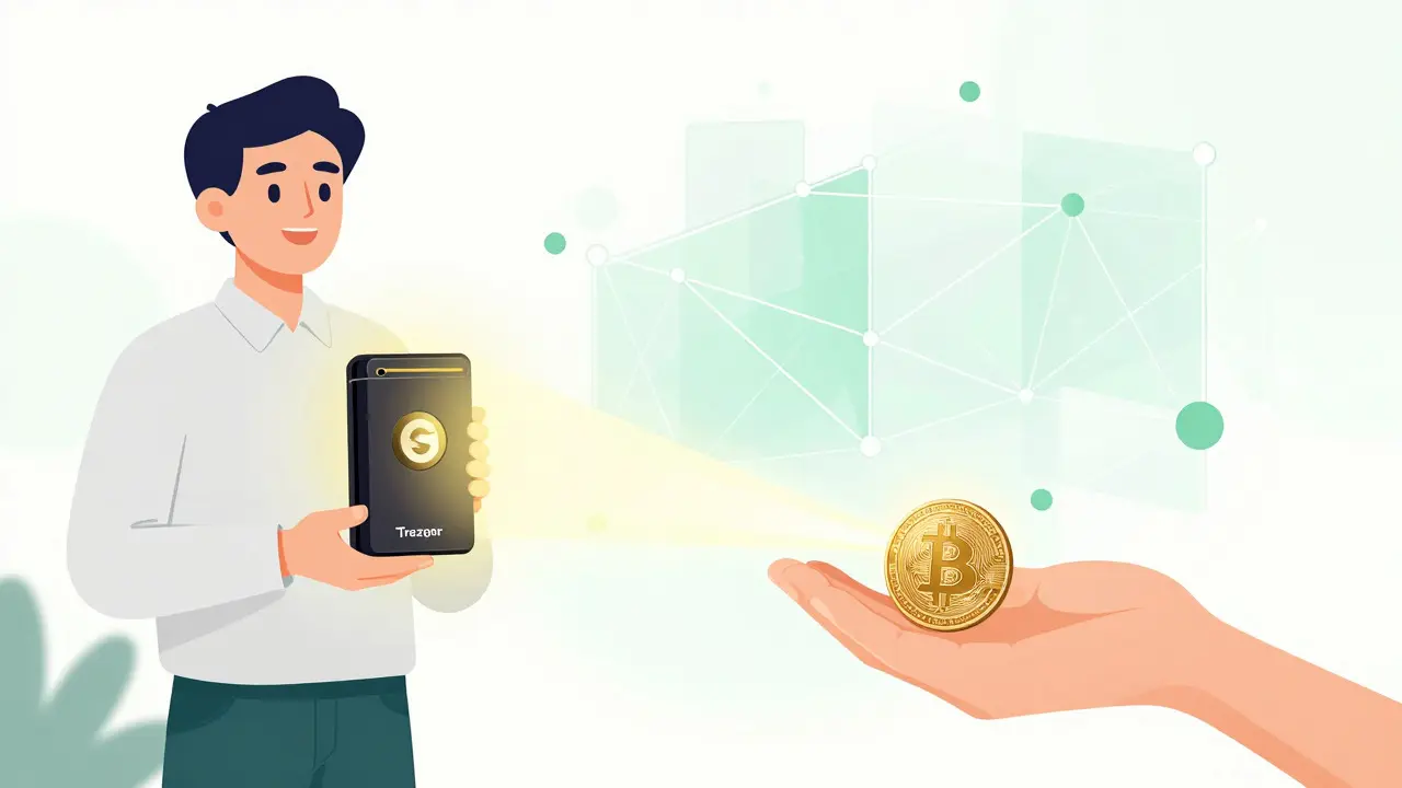 Illustration of a merchant using a hardware wallet for direct, secure non-custodial crypto payments.